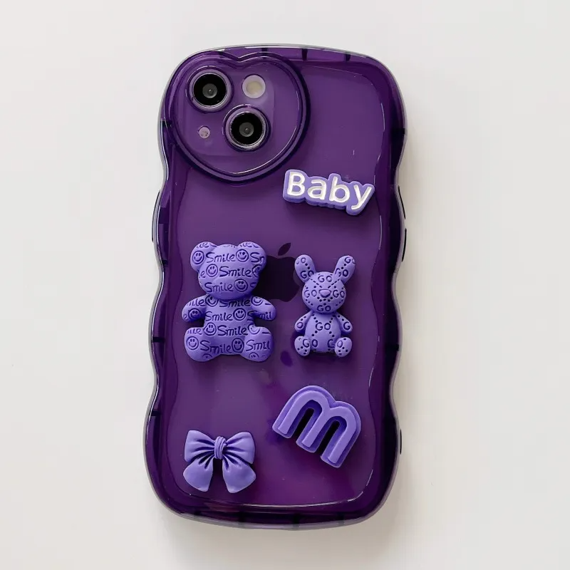 Cartoon Purple Three-Dimensional Bear Heart iPhone Case