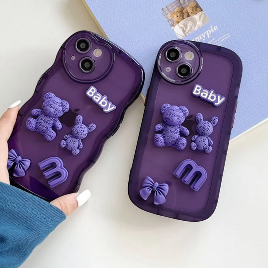 Cartoon Purple Three-Dimensional Bear Heart iPhone Case