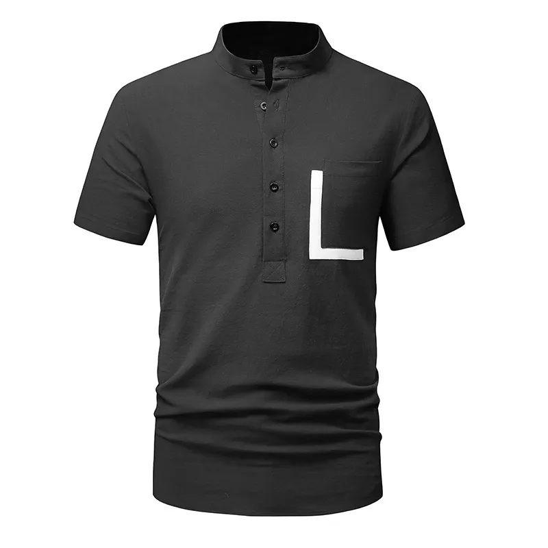 Casual Stand Collar Short-Sleeved Cotton And Linen Color Matching Polo Shirt