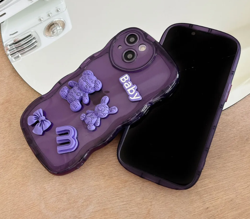 Cartoon Purple Three-Dimensional Bear Heart iPhone Case