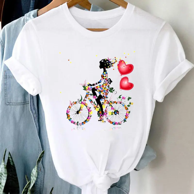 Bicycle Floral Print Round Neck Short Sleeve T-Shirt