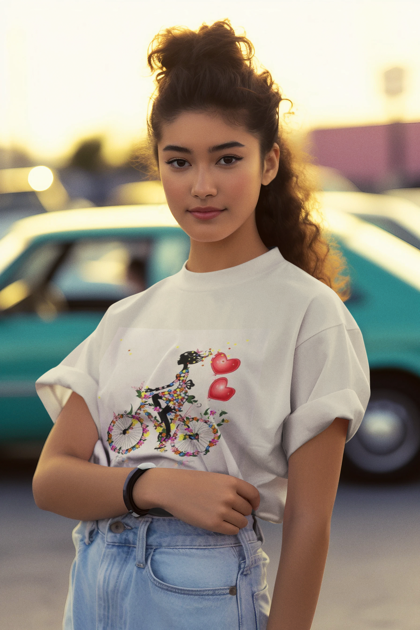 Bicycle Floral Print Round Neck Short Sleeve T-Shirt