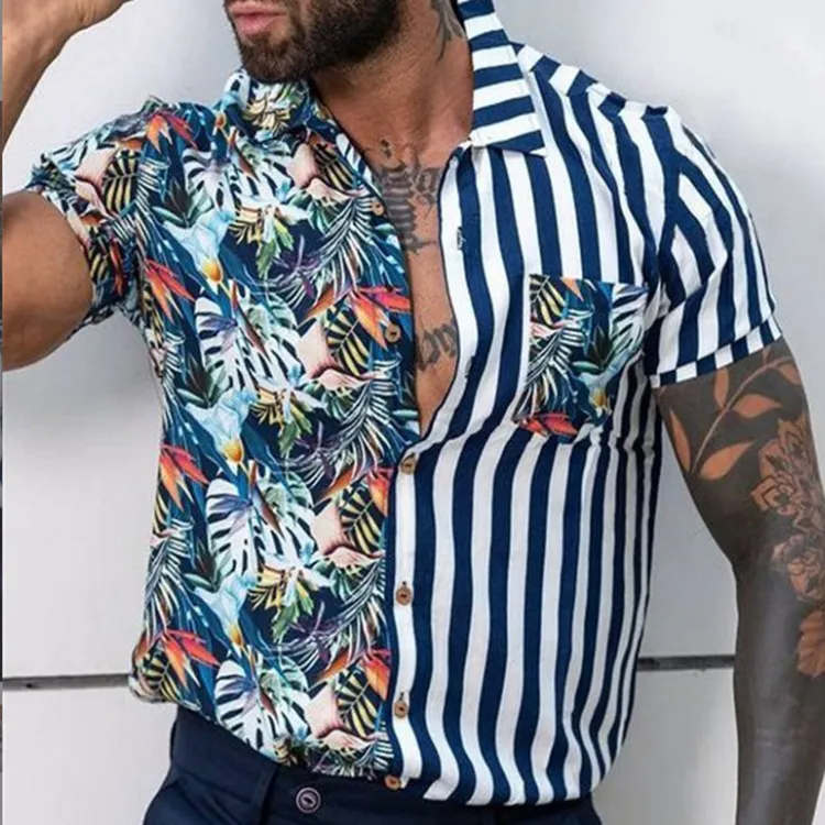 Summer Floral Sea Print Lapel Short Sleeve Buttoned Fashion Shirt