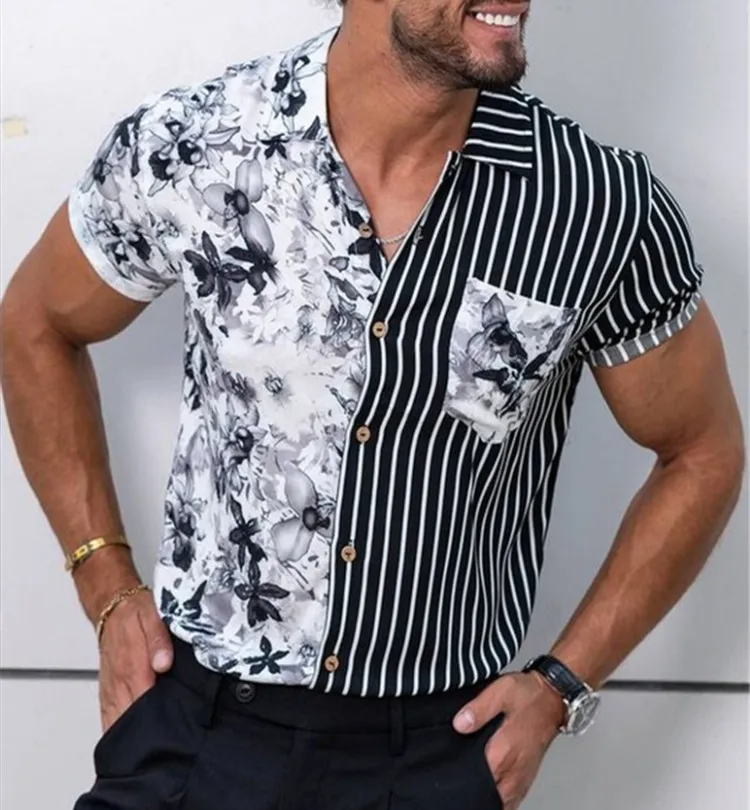 Summer Floral Sea Print Lapel Short Sleeve Buttoned Fashion Shirt