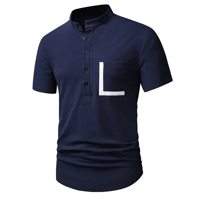 Casual Stand Collar Short-Sleeved Cotton And Linen Color Matching Polo Shirt