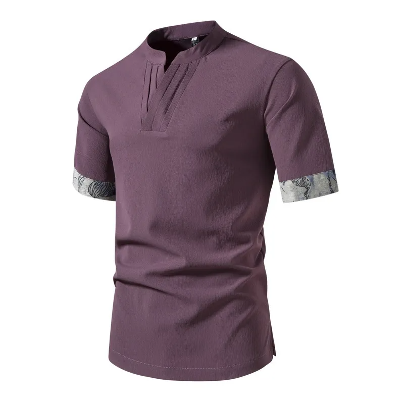 Short Sleeve Stand Collar Color Block Shirt