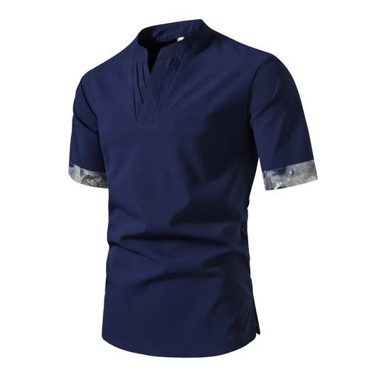 Short Sleeve Stand Collar Color Block Shirt