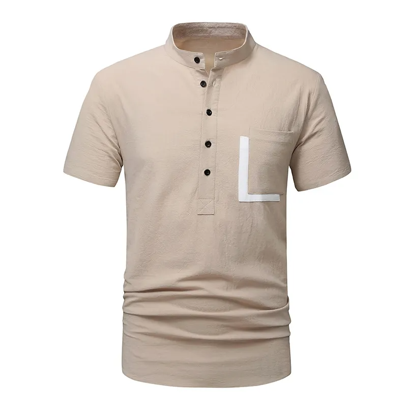 Casual Stand Collar Short-Sleeved Cotton And Linen Color Matching Polo Shirt