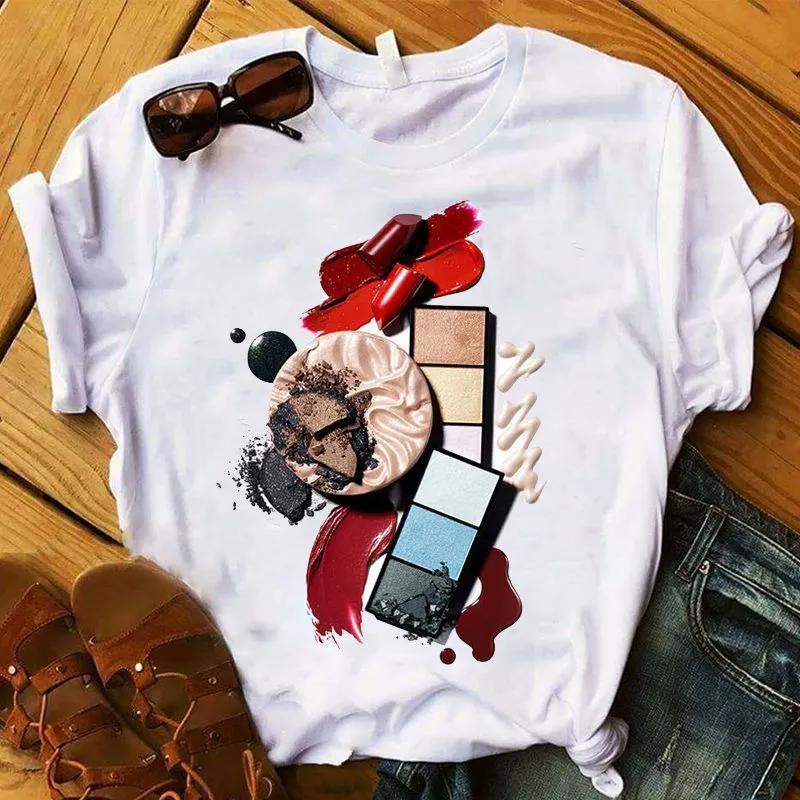 Creative Makeup Nail Polish Print Round Neck Short Sleeve T-Shirt