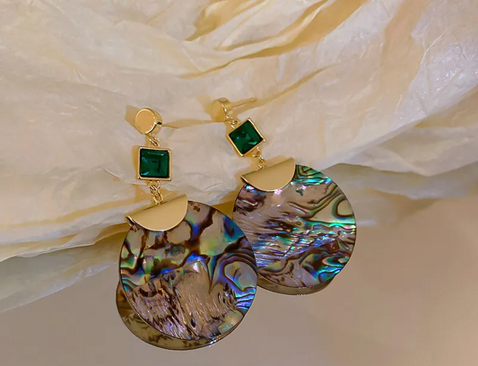 Rhinestone Emerald Round Shell Earrings