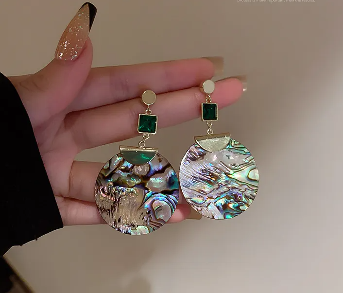 Rhinestone Emerald Round Shell Earrings