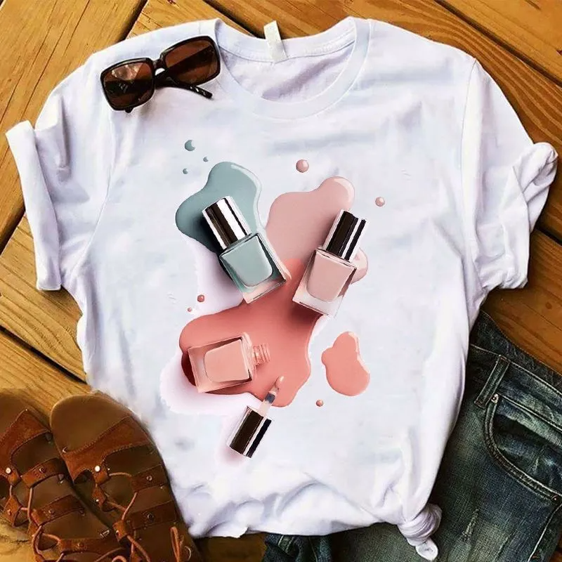 Creative Makeup Nail Polish Print Round Neck Short Sleeve T-Shirt