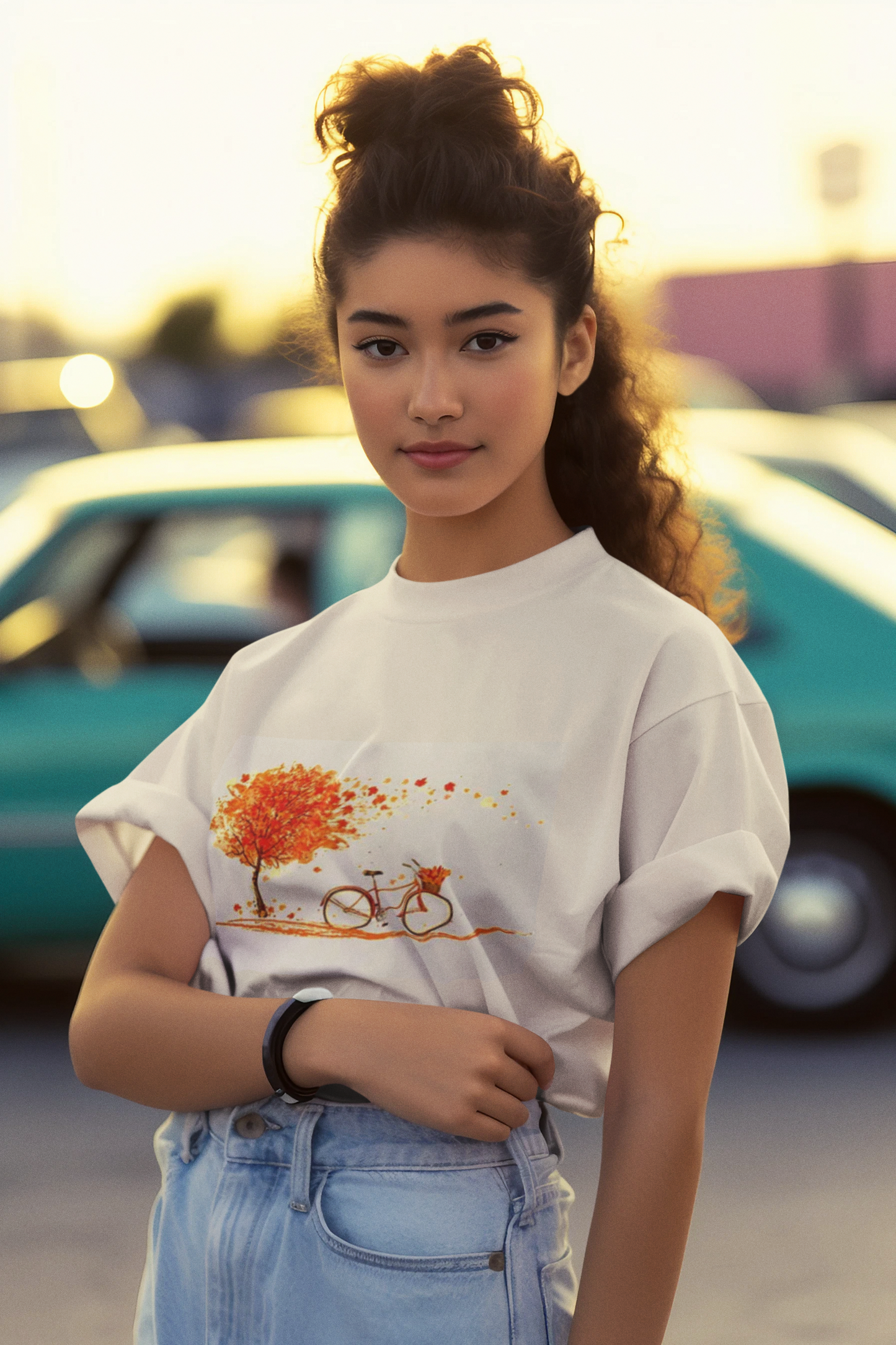 Bicycle Floral Print Round Neck Short Sleeve T-Shirt