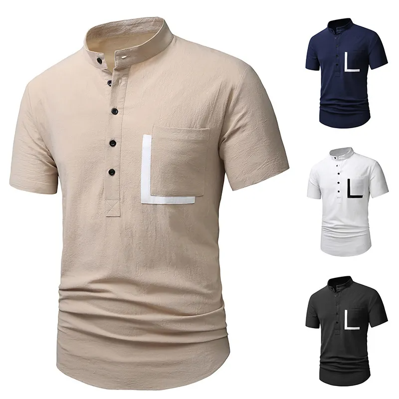 Casual Stand Collar Short-Sleeved Cotton And Linen Color Matching Polo Shirt