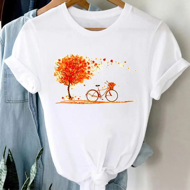 Bicycle Floral Print Round Neck Short Sleeve T-Shirt