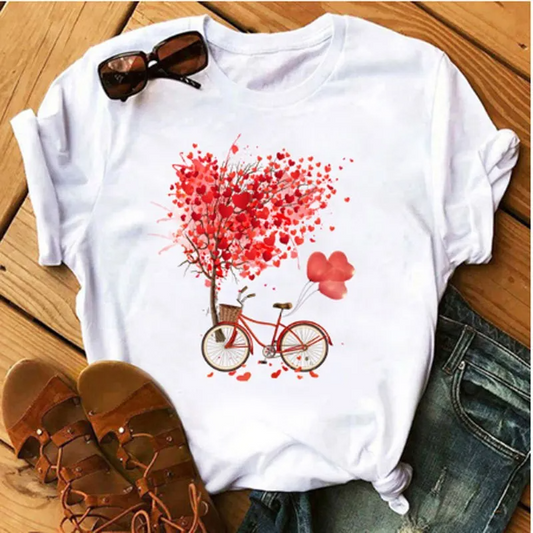 Bicycle Floral Print Round Neck Short Sleeve T-Shirt