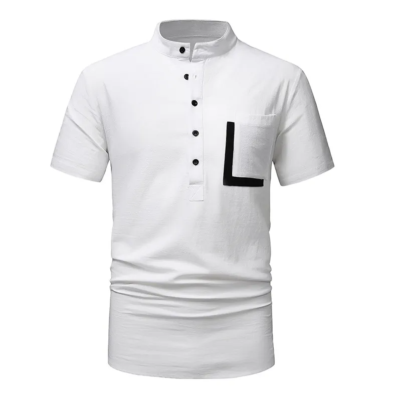 Casual Stand Collar Short-Sleeved Cotton And Linen Color Matching Polo Shirt