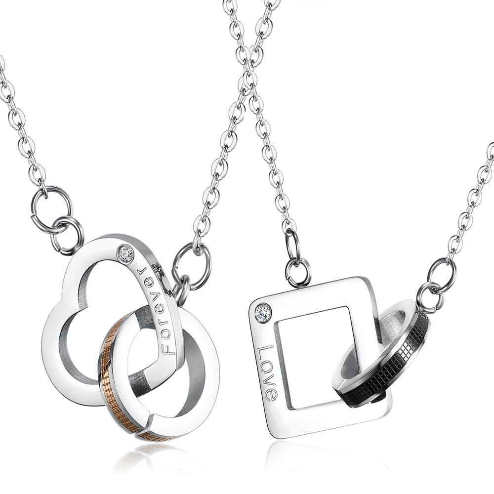 Ring & Heart Pendant Chain Ring & Square Necklace Couple Jewelry