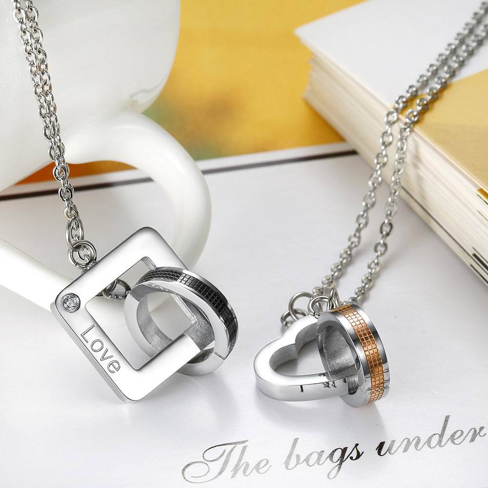 Ring & Heart Pendant Chain Ring & Square Necklace Couple Jewelry